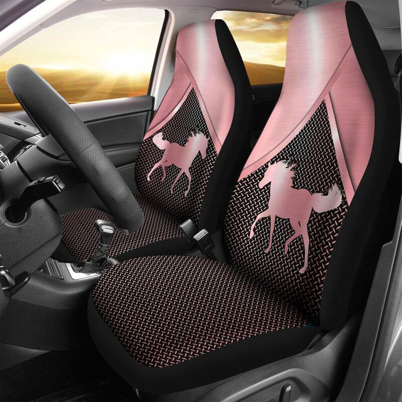 Custom Car Seat Cover Horse Pink 3D Silver Metal Seat Covers for Cars