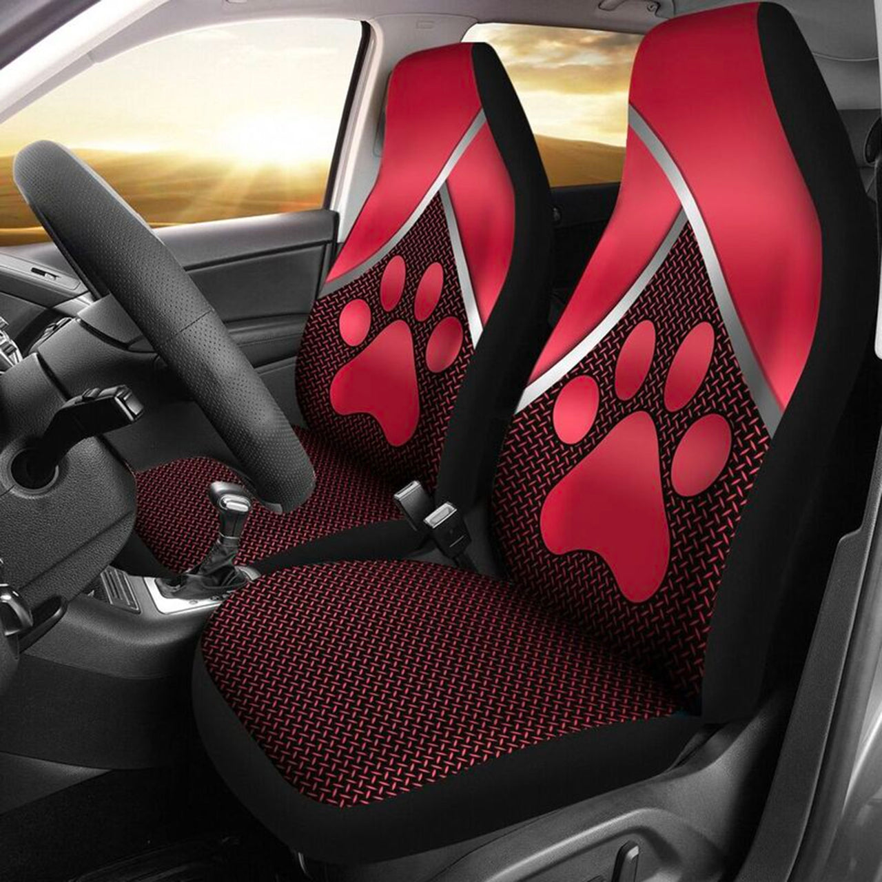 Custom Car Seat Cover Dog Paw Red 3D Silver Metal Seat Covers for Cars
