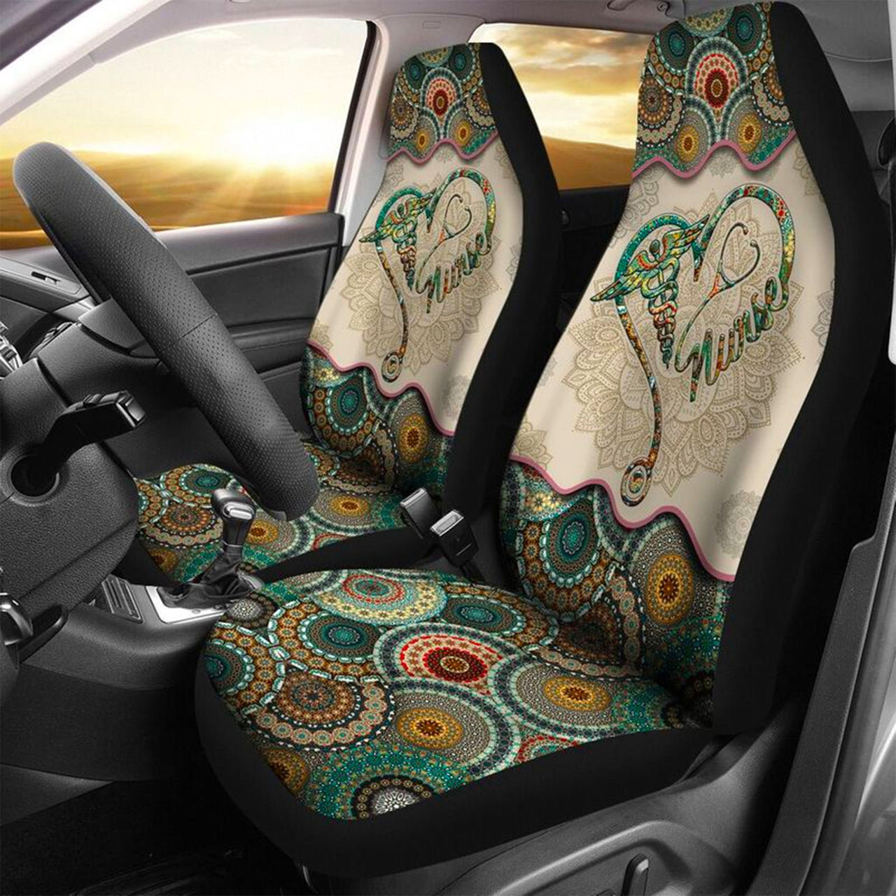 Custom Car Seat Cover Nurse Heart Bohemian Vintage Mandala Pattern Seat Covers for Cars