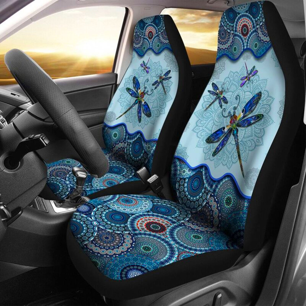 Custom Car Seat Cover Blue Dragonfly Bohemian Vintage Mandala Seat Covers for Cars