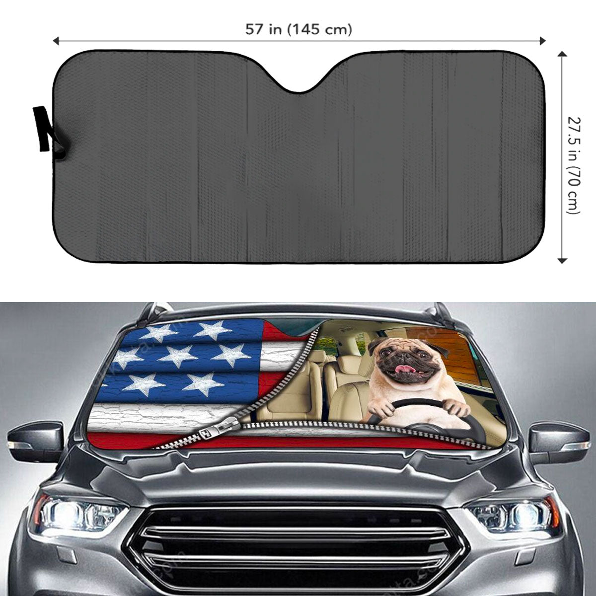 Custom Windshield Sun Shade for Car Pug Dog Driver American Flag Zipper Car Sun Shade - Car Accessory