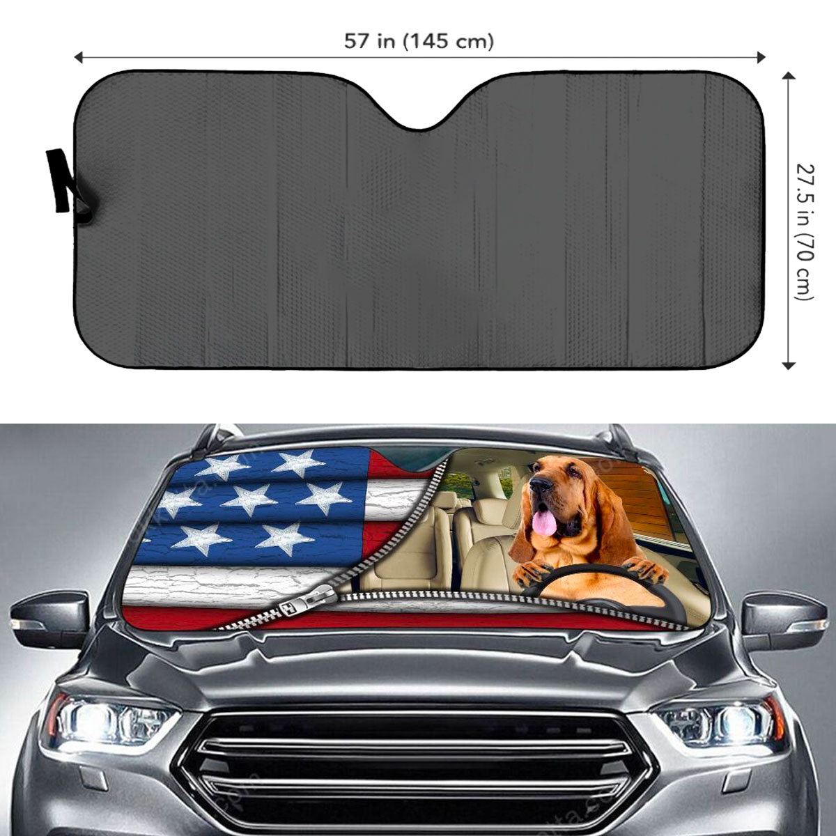 Custom Windshield Sun Shade for Car Bloodhound Driver American Flag Zipper Car Sun Shade