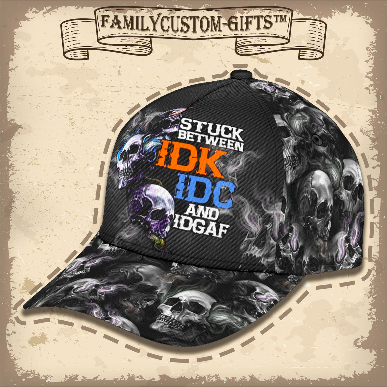 Stuck Between IDK IDC and IDGAF Skull Custom Hats for Men & Women 3D Prints Personalized Baseball Caps