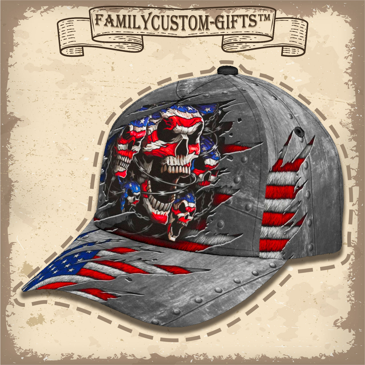 Skull American Flag Custom Hats for Men & Women 3D Prints Personalized Baseball Caps