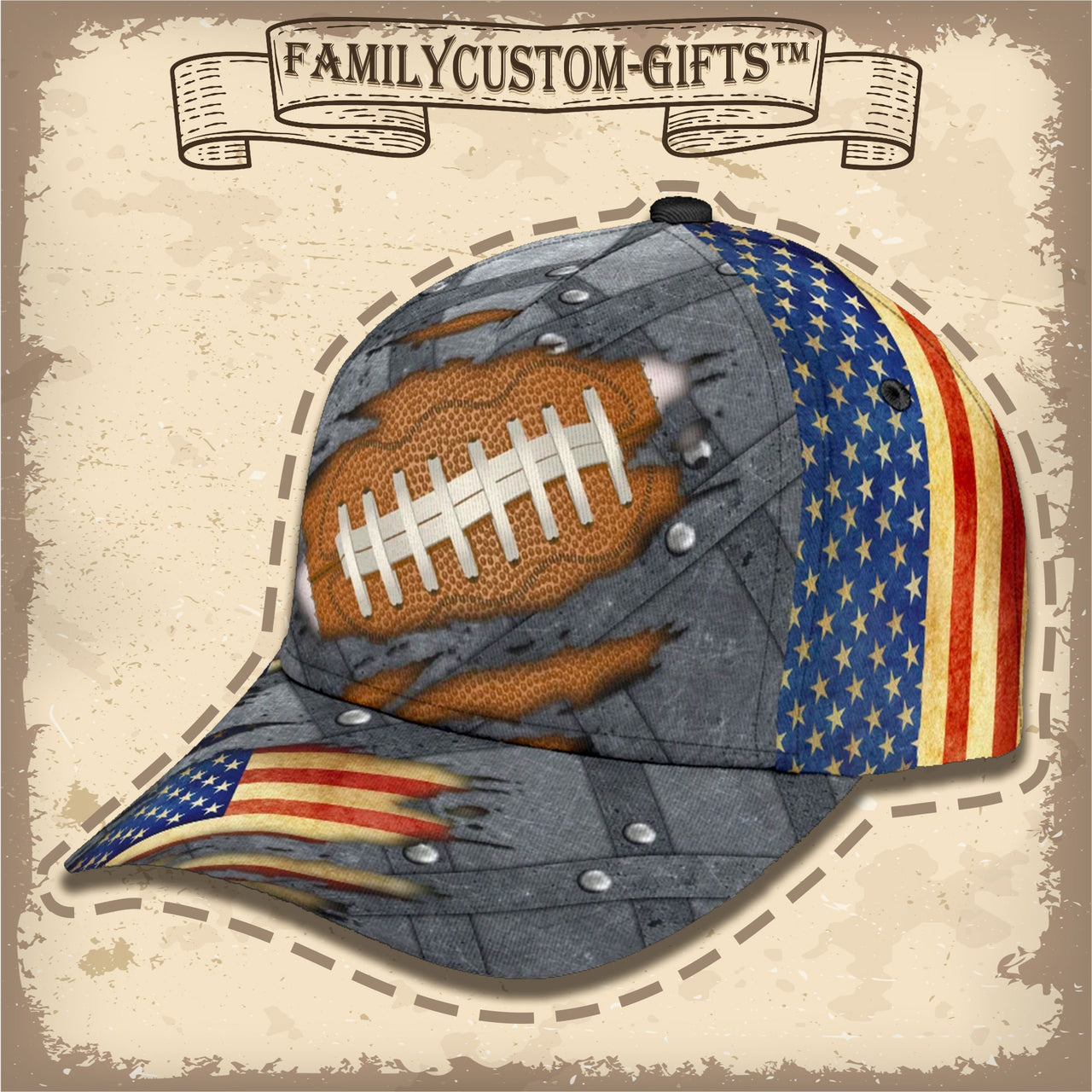 Football American Flag Vintage Custom Hats for Men & Women 3D Prints Personalized Baseball Caps