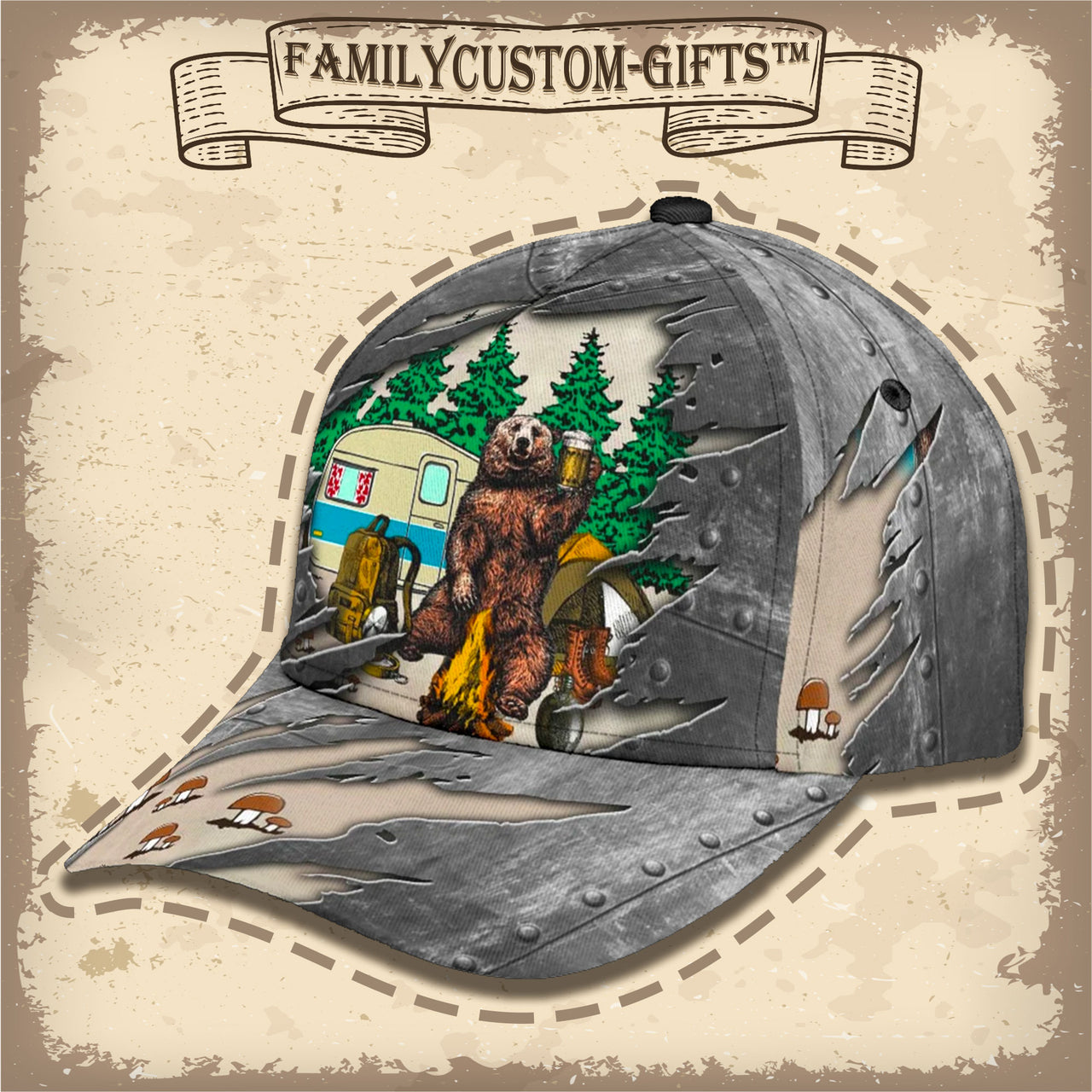 Vintage Bear Drinking Beer Camping Custom Hats for Men & Women 3D Prints Personalized Baseball Caps