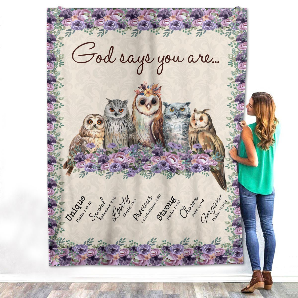 God Says You are Floral Owls Fleece Sherpa Blanket