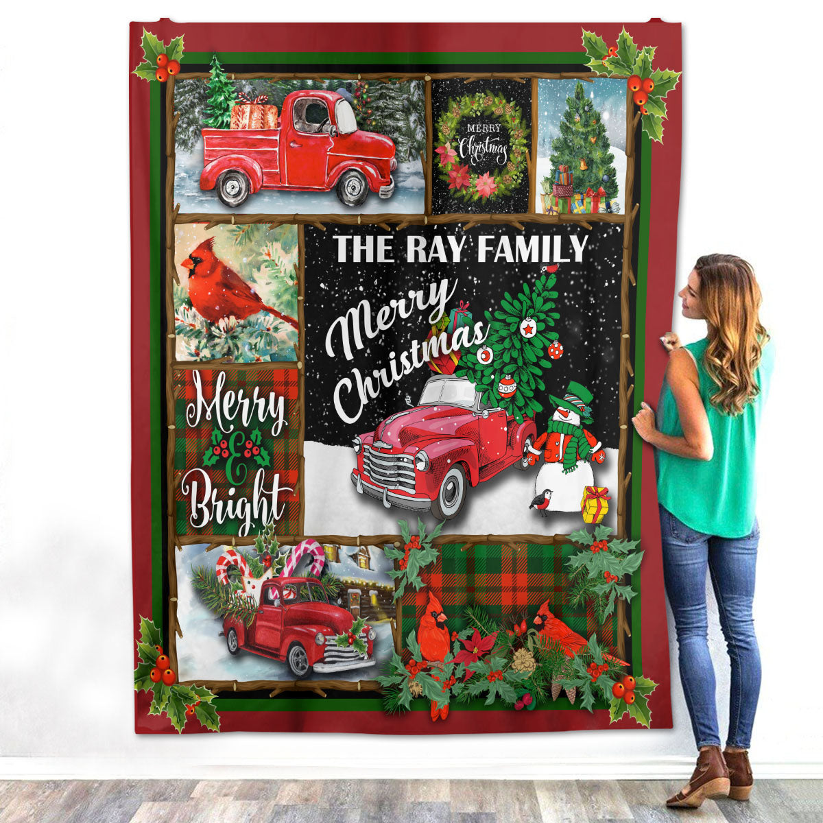 Personalized Custom Name Red Old Pickup Truck Christmas Fleece Sherpa Blanket