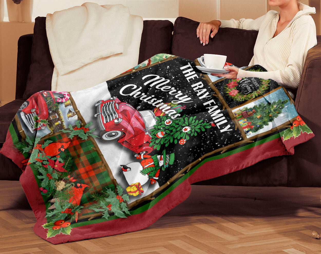 Personalized Custom Name Red Old Pickup Truck Christmas Fleece Sherpa Blanket