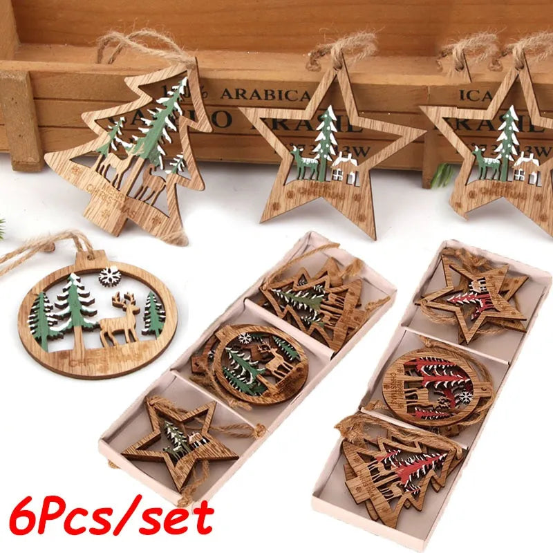 6-Piece DIY Set: Green & Red Wooden Tree/Star Pendants - Festive Christmas Party Decorations - Xmas Tree Ornaments and Kids' Gifts