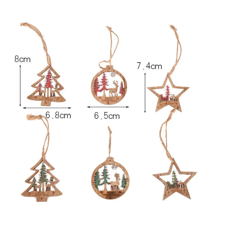 6-Piece DIY Set: Green & Red Wooden Tree/Star Pendants - Festive Christmas Party Decorations - Xmas Tree Ornaments and Kids' Gifts