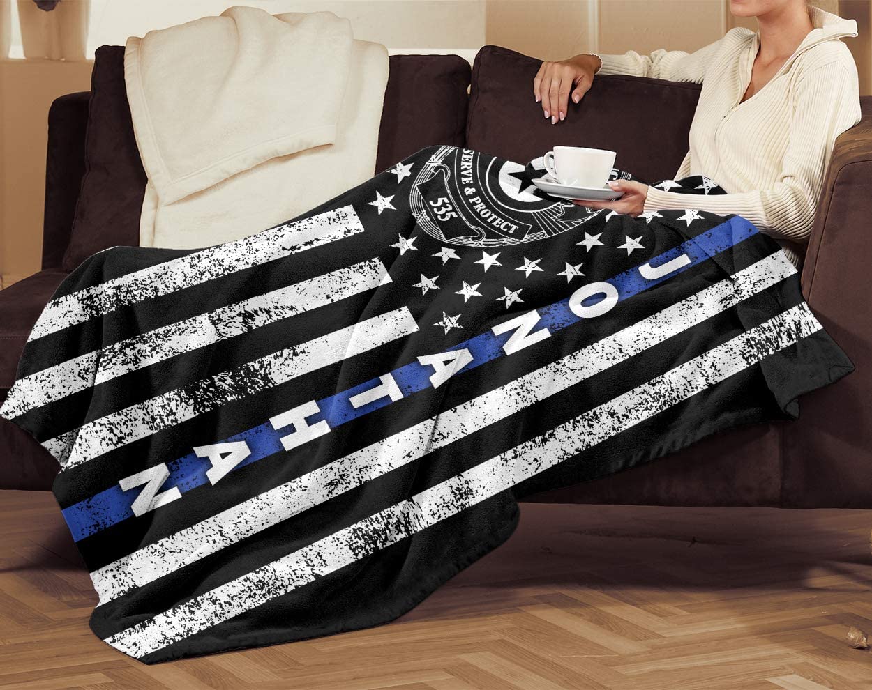 Personalized Custom Name Number Police Officer Thin Blue Line Lives Matter Back American Flag Fleece Sherpa Blanket