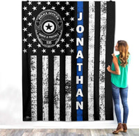 Thumbnail for Personalized Custom Name Number Police Officer Thin Blue Line Lives Matter Back American Flag Fleece Sherpa Blanket