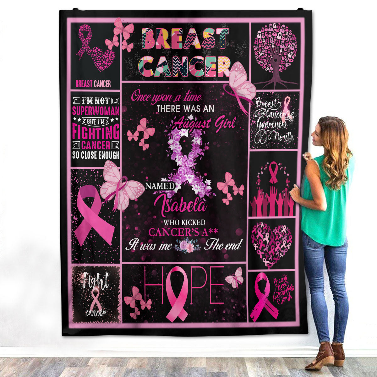 Personalized Custom Breast Cancer Awareness Pink Ribbon Woman Survivor Mom Daughter Aunt Grandma Girl Warrior Fleece Sherpa Blanket
