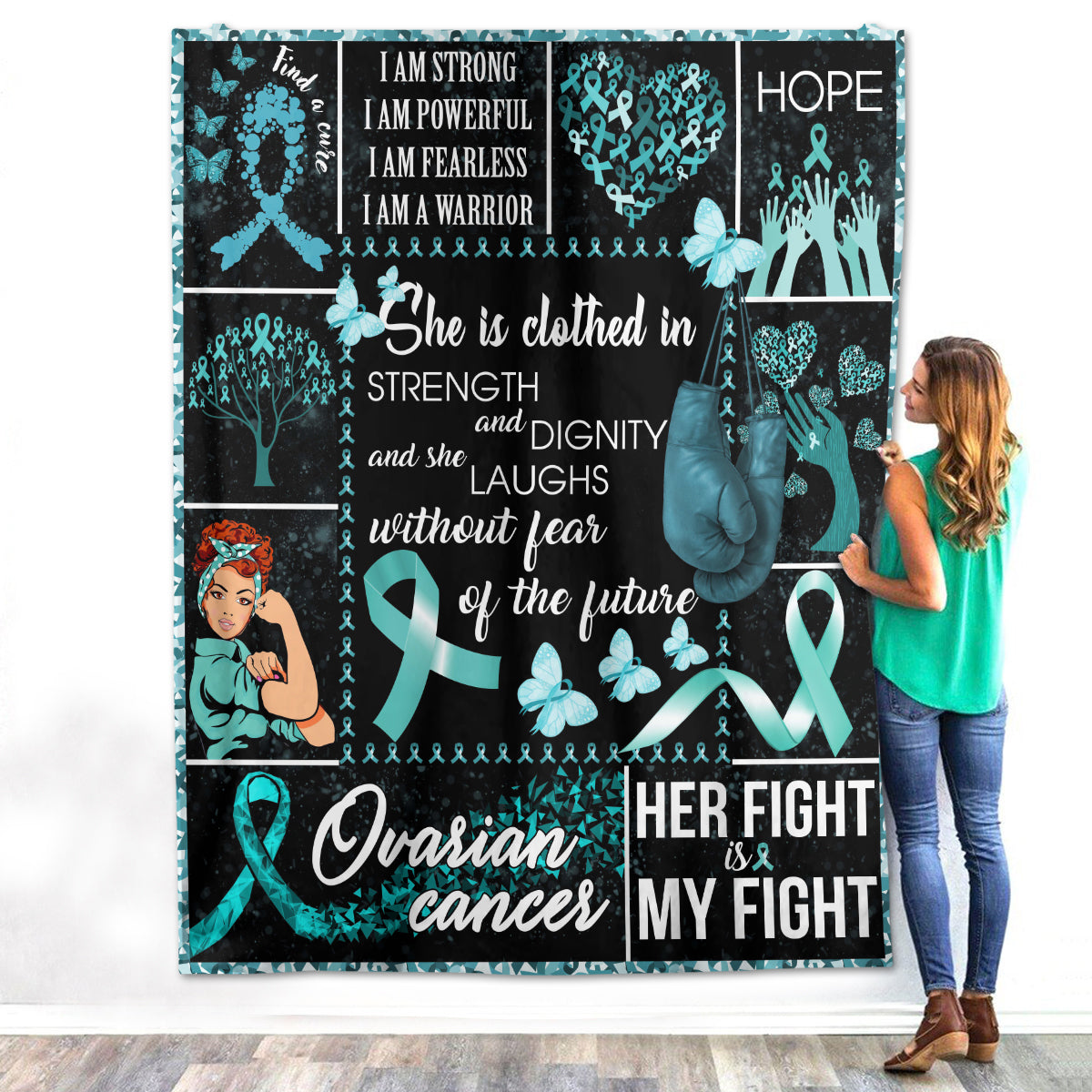 Ovarian Cancer Awareness Teal Ribbon Symbol Survivor Warrior Fighter Fleece Sherpa Blanket