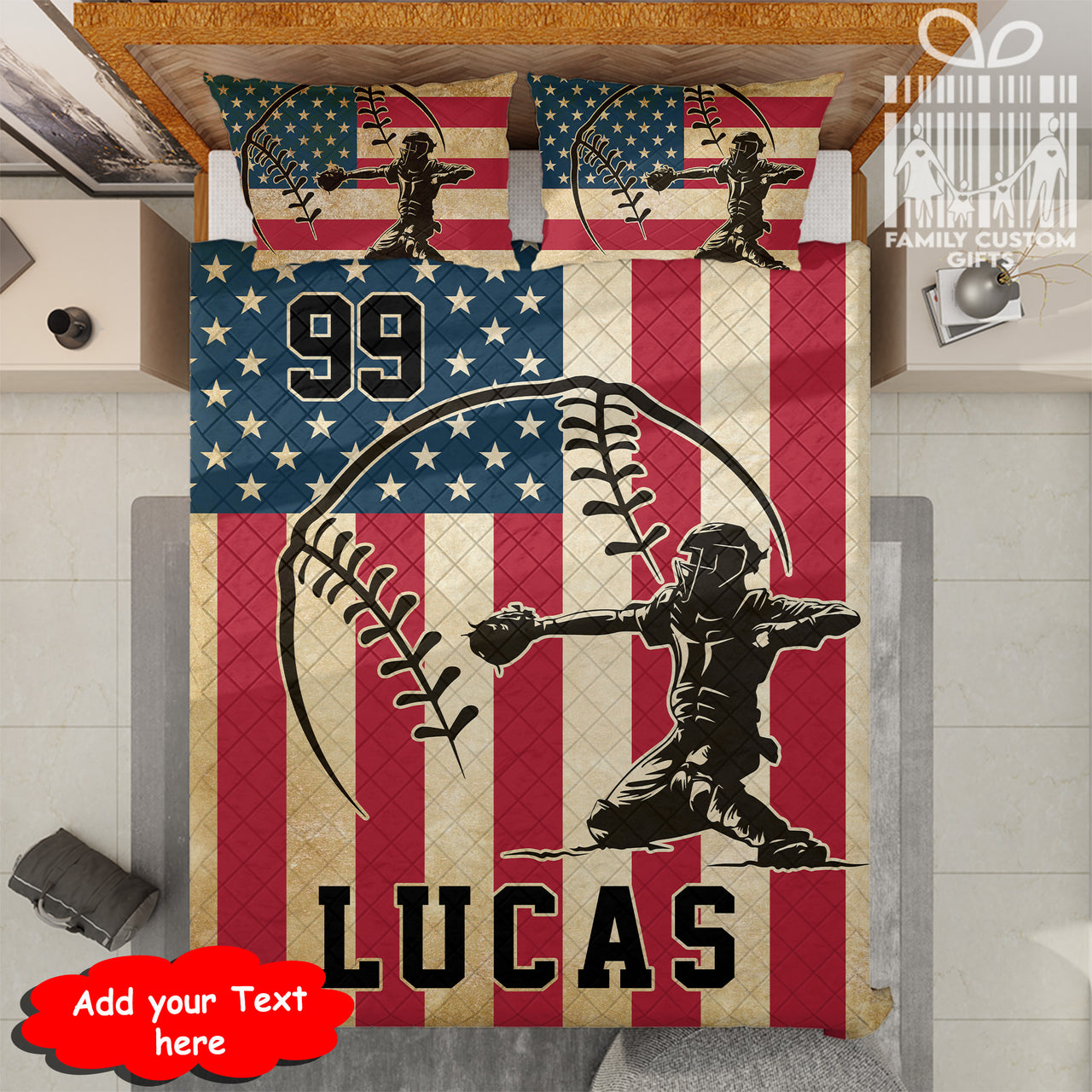 Custom Quilt Sets for Kids Teens Adult Baseball Catcher America Flag Personalized Quilt Bedding for Boy Girl