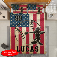 Thumbnail for Custom Quilt Sets for Kids Teens Adult Baseball Catcher America Flag Personalized Quilt Bedding for Boy Girl