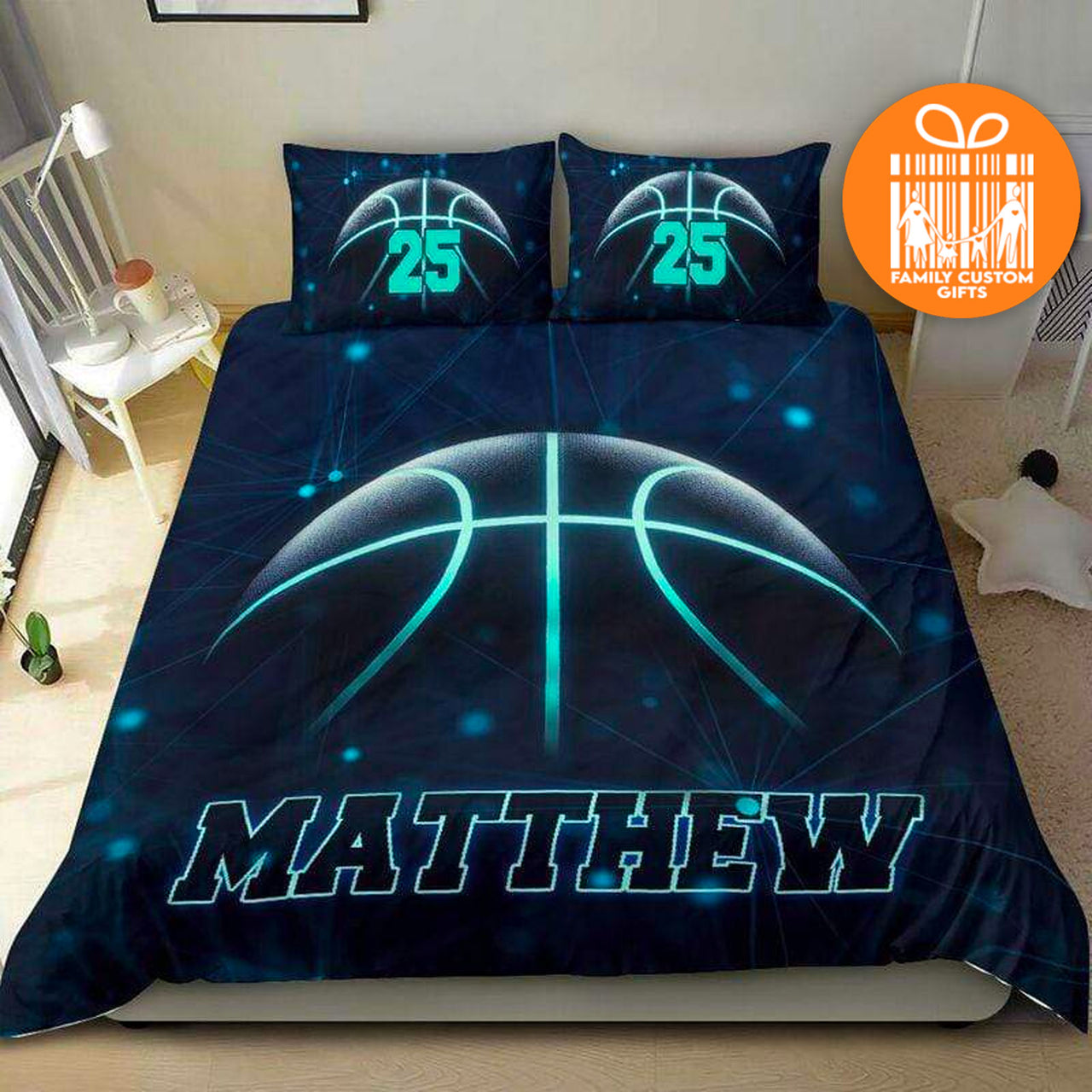 Custom Quilt Sets for Kids Teens Adult Basketball Blue Light Personalized Quilt Bedding