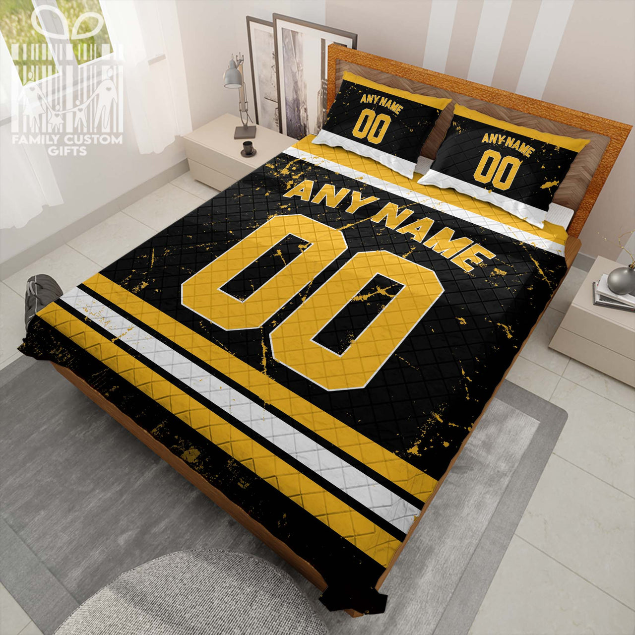 Custom Quilt Sets Boston Jersey Personalized Ice hockey Premium Quilt Bedding for Men Women