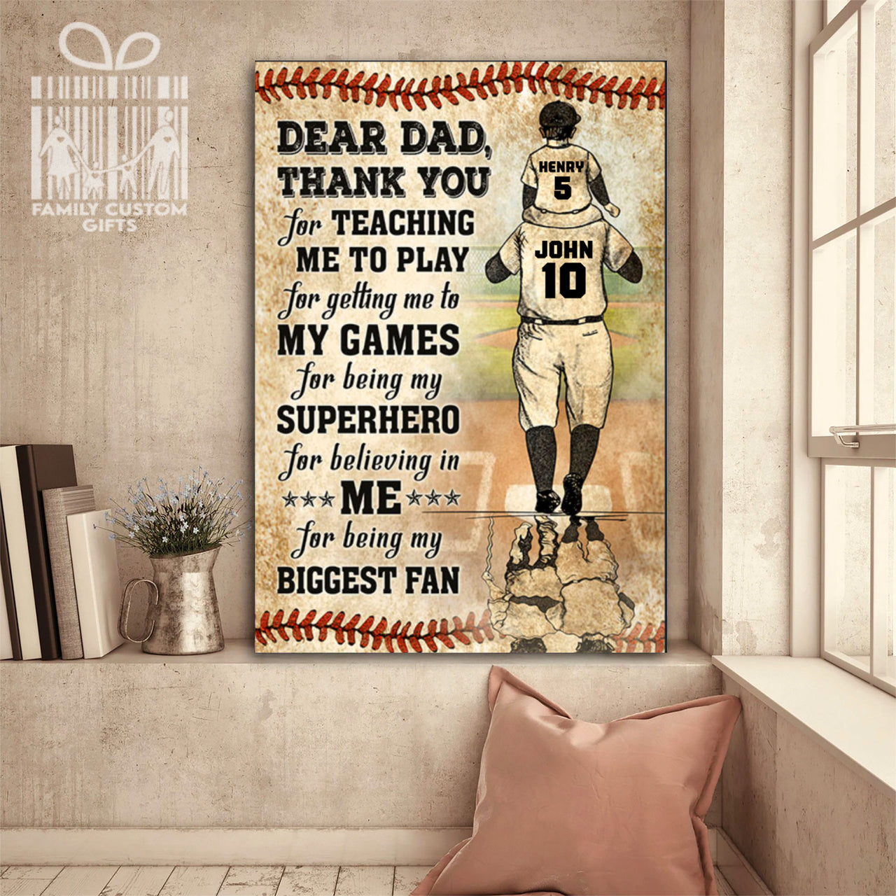 Custom Canvas Print Wall Art Dear Dad Thank You For Teaching Me To Play Baseball Personalized Canvas Art