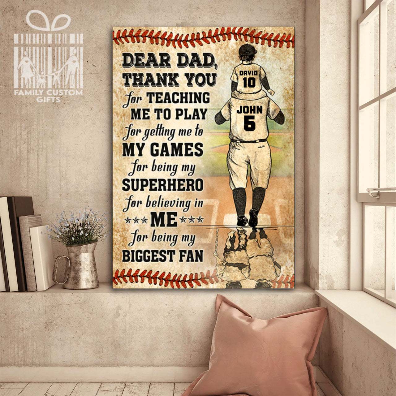 Custom Canvas Print Wall Art Baseball Dear Dad Thank You For Teaching Me To Play Personalized Canvas Art
