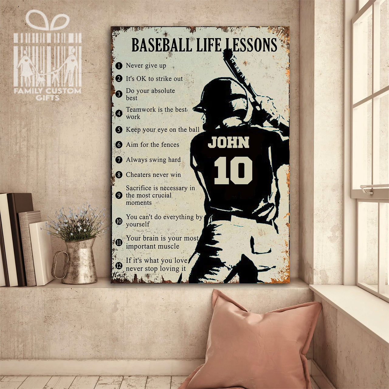 Custom Canvas Print Wall Art Baseball Life Lessons Never Give Up Funny Personalized Canvas Art