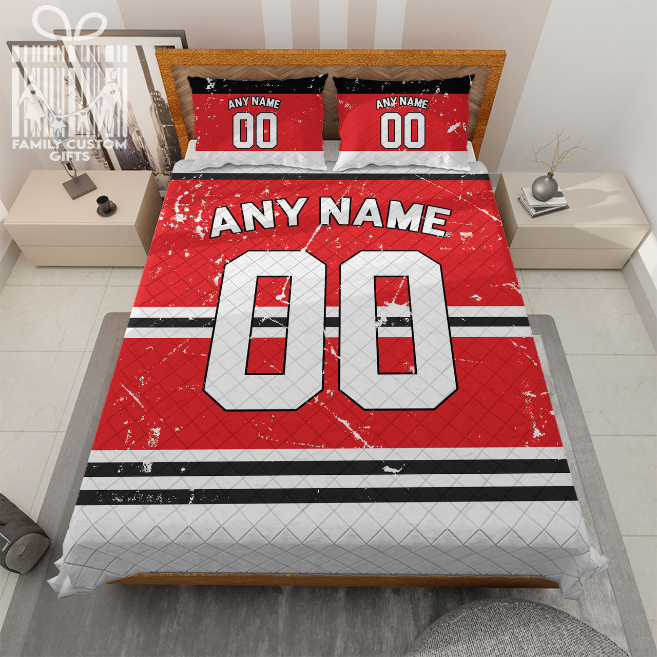 Custom Quilt Sets Chicago Jersey Personalized Ice hockey Premium Quilt Bedding for Men Women