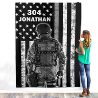 Thumbnail for Personalized Custom Name Badge Number Correctional Officer Thin Silver Grey Gray Line American Flag Birthday Christmas Fleece Sherpa Blanket