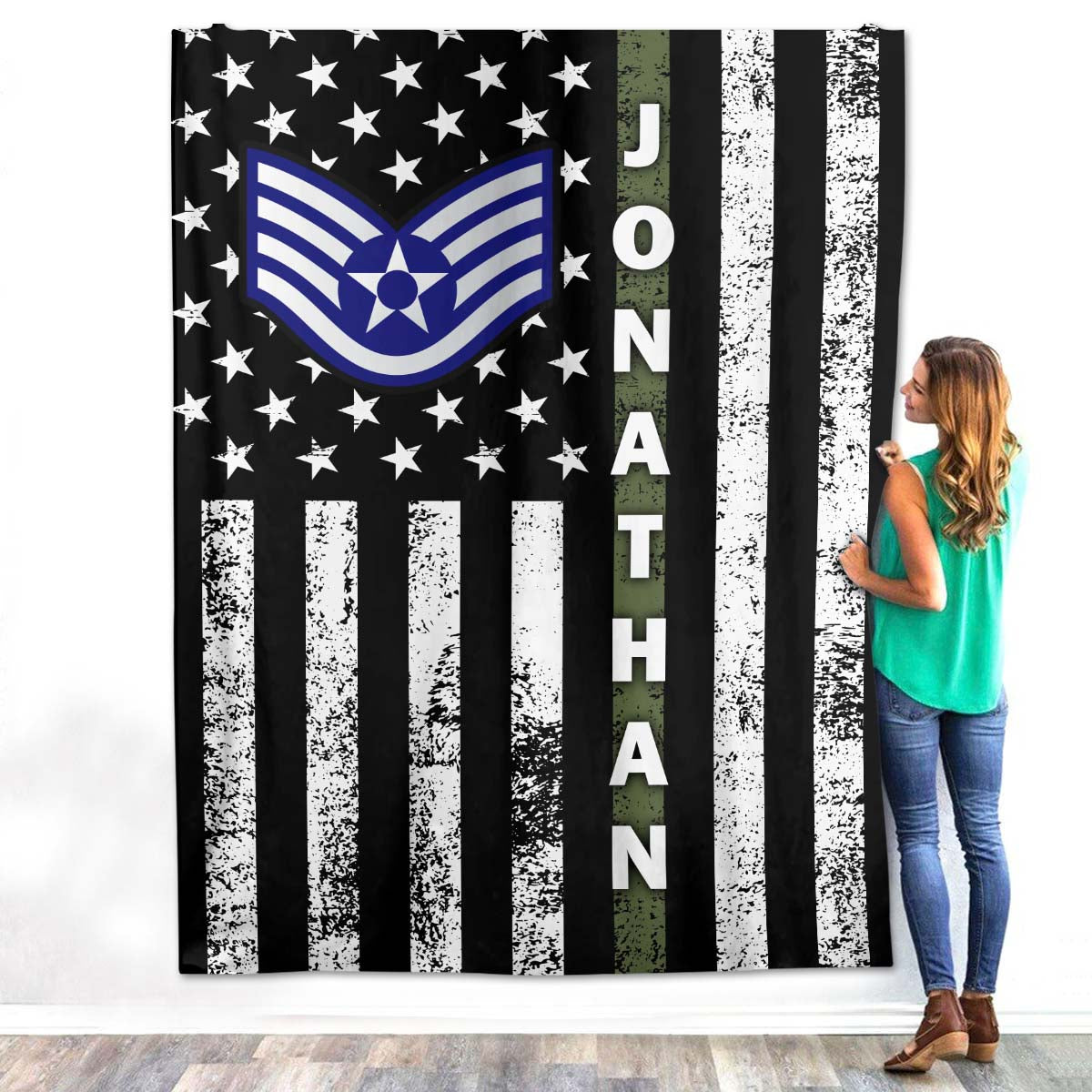 Personalized Custom Name Rank United States US Air Soldier Military Veteran Airman Fleece Sherpa Blanket