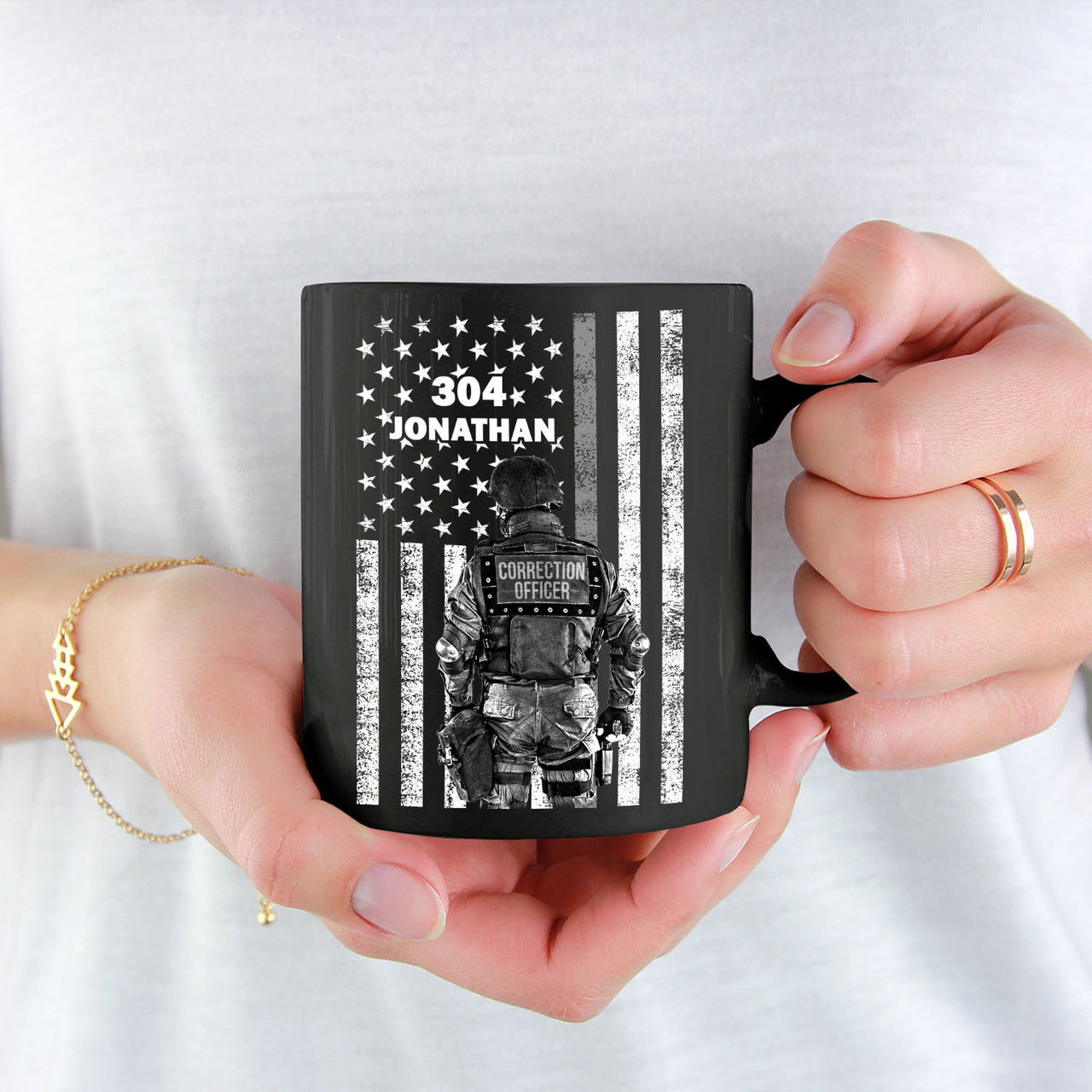 Personalized Custom Name Correctional Badge Number Thin Silver Grey Gray Line American Flag First Responder Black Ceramic Coffee Tea Mug 11 - 15 oz Cup