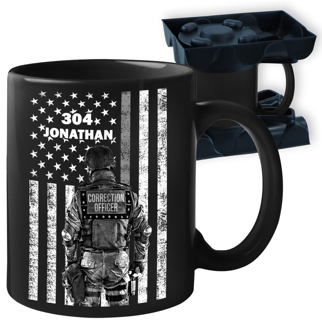 Personalized Custom Name Correctional Badge Number Thin Silver Grey Gray Line American Flag First Responder Black Ceramic Coffee Tea Mug 11 - 15 oz Cup