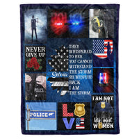 Thumbnail for Personalized Custom Female Police Officer Name I Am The Storm Thin Blue Line American Flag Fleece Sherpa Blanket