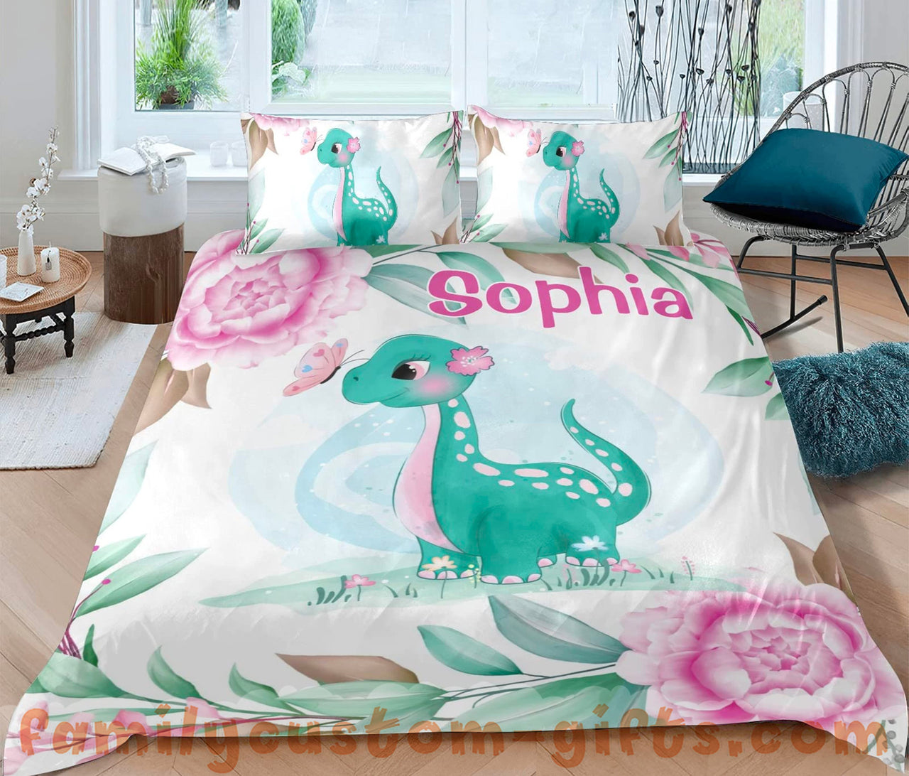 Custom Quilt Sets Cute Dinosaur Butterfly Pink Premium Quilt Bedding for Boys Girls Men Women