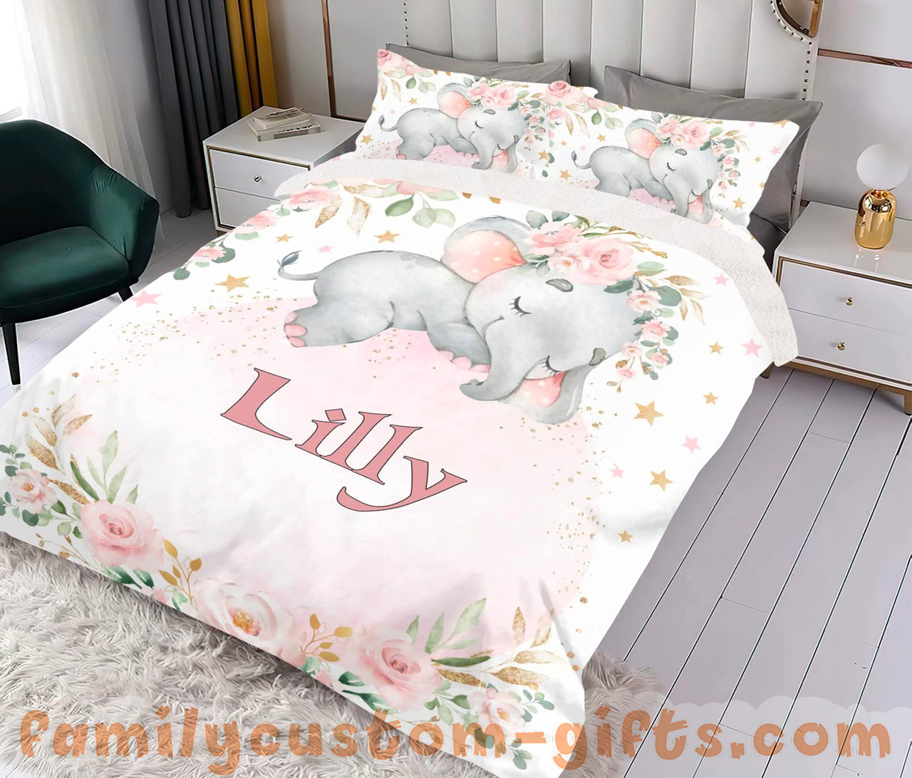 Custom Quilt Sets Cute Elephant Flowers Premium Quilt Bedding for Boys Girls Men Women