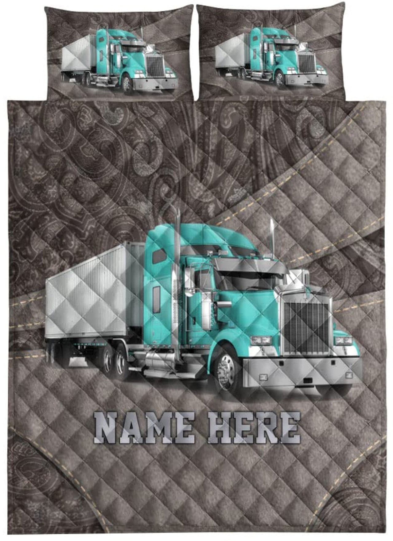 Custom Quilt Sets Cyan Truck Brown Pattern Trucker Truck Driver Premium Quilt Bedding for Men Women