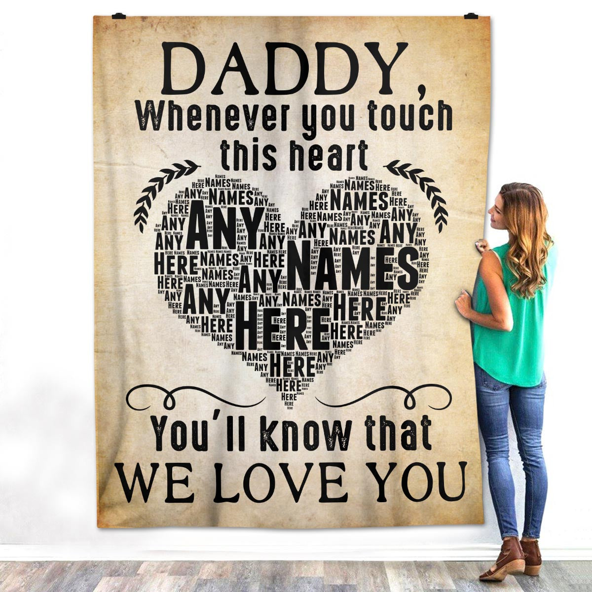 Personalized Custom Son Daughter Kids Name to My Dad Daddy Fathers Day Touch Heart Fleece Sherpa Blanket