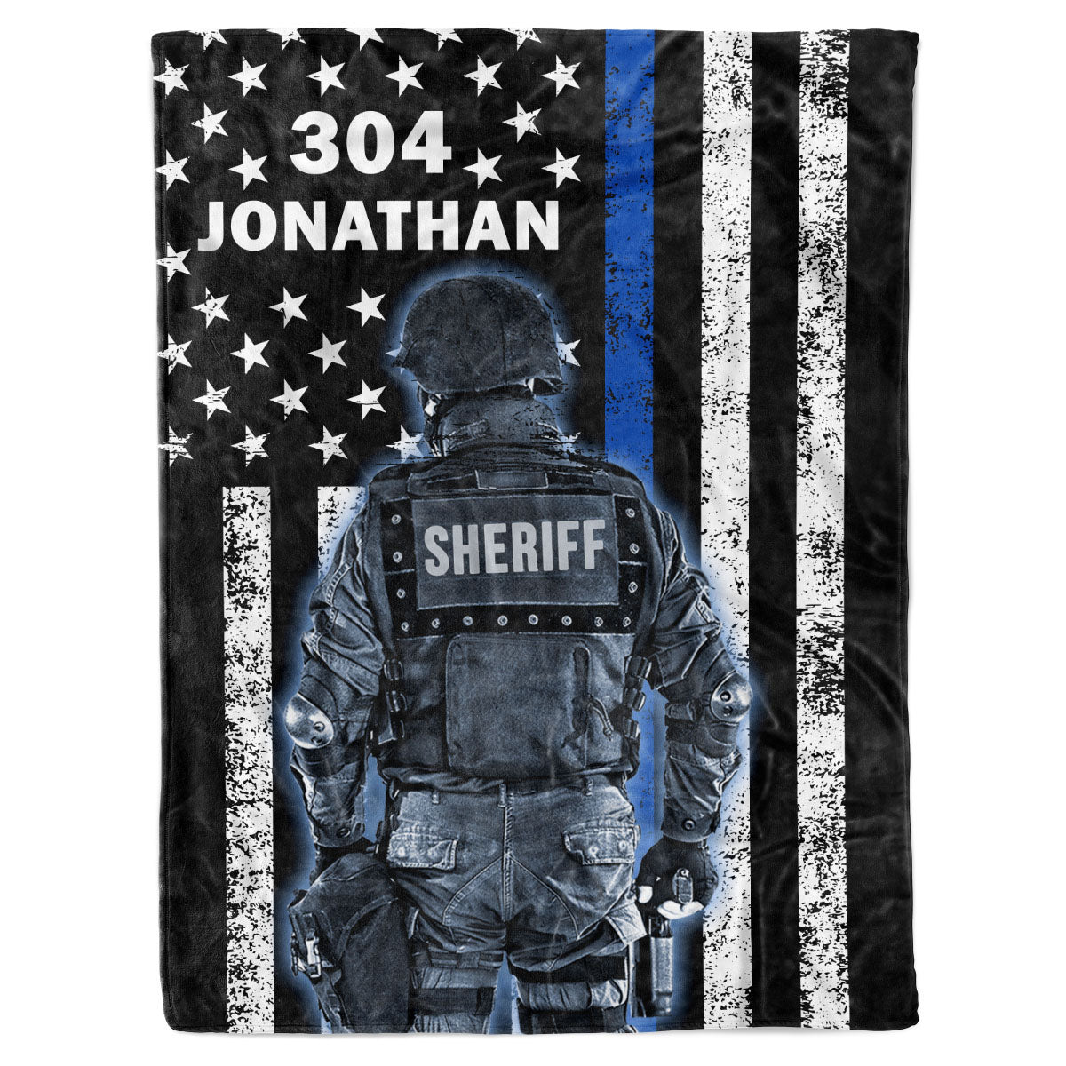 Personalized Custom Name Number Badge Deputy Sheriff Man Thin Blue Line American Flag Birthday Christmas Fleece Sherpa Blanket