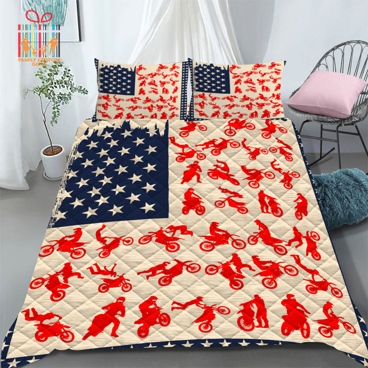 Comforter Dirt Bike American Flag Motocross Biker Custom Bedding Set for Kids Teens Adult Premium Bed Set