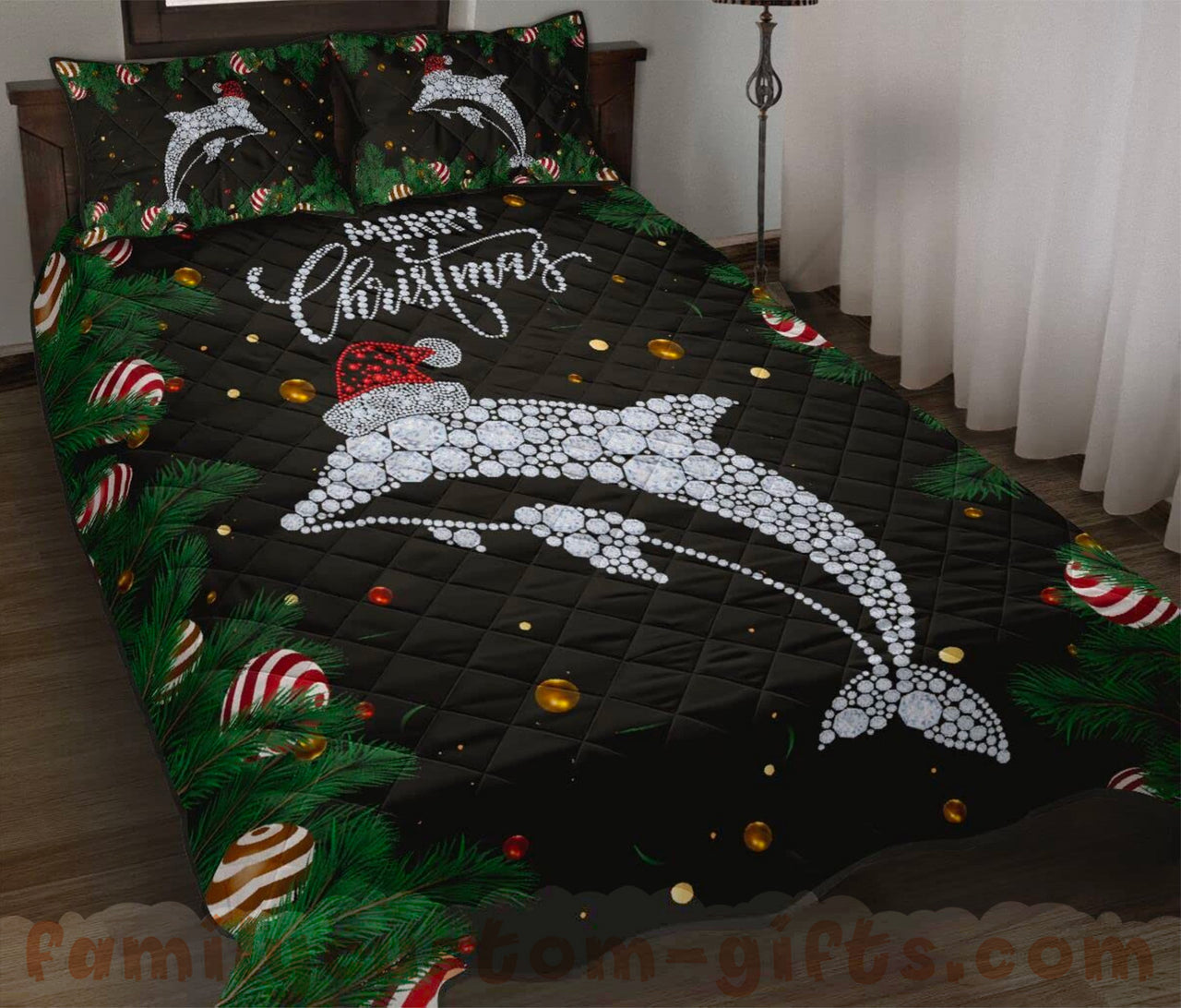 Custom Quilt Sets Dolphin Diamond Hat Santa Christmas Premium Quilt Bedding for Boys Girls Men Women