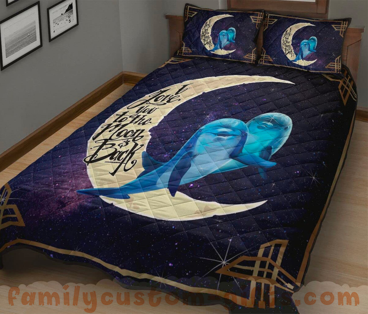Custom Quilt Sets Dolphin I Love You to The Moon and Back Premium Quilt Bedding for Boys Girls Men Women