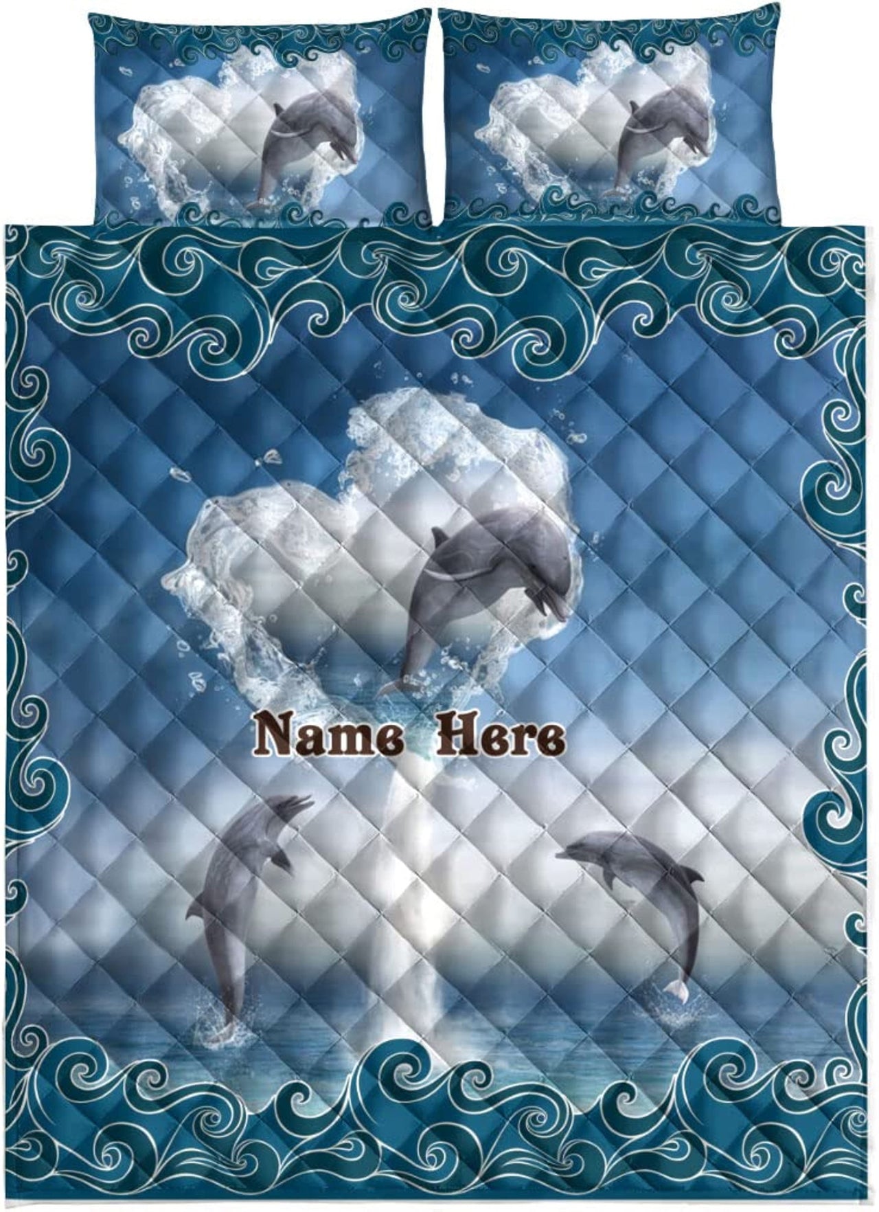 Custom Quilt Sets Dolphin & Heart Waves Ocean Animal Lover Premium Quilt Bedding for Boys Girls Men Women