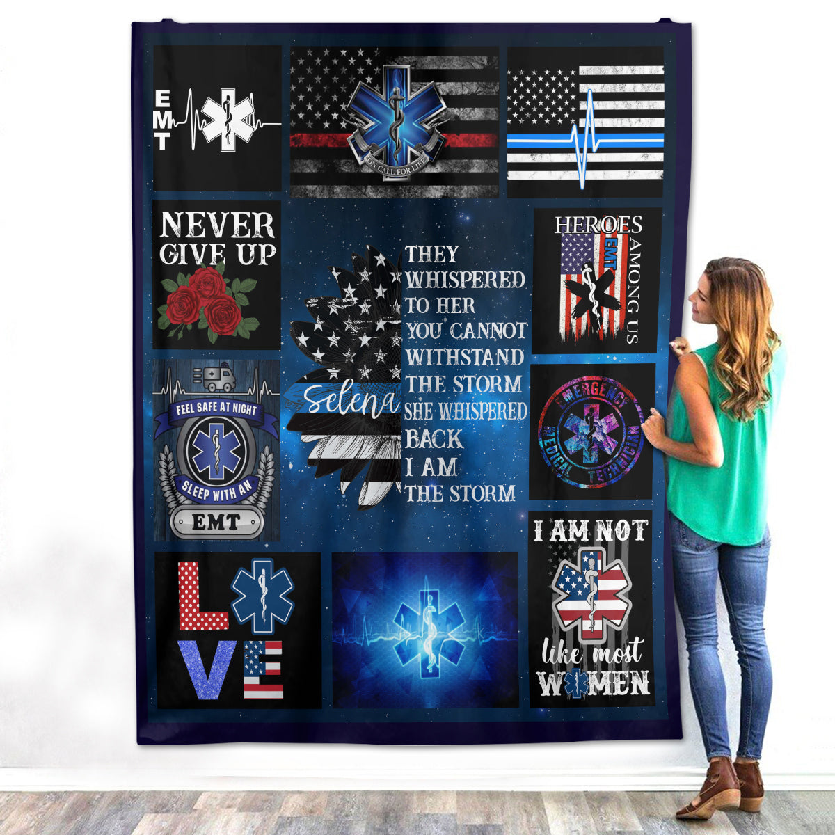 Personalized Custom Name EMS EMT Paramedic Christmas Sherpa Fleece Throw Blanket Tapestry Birthday Thin White Line Star of Life Appreciation Graduation Presents for Men Women Daughter Mom