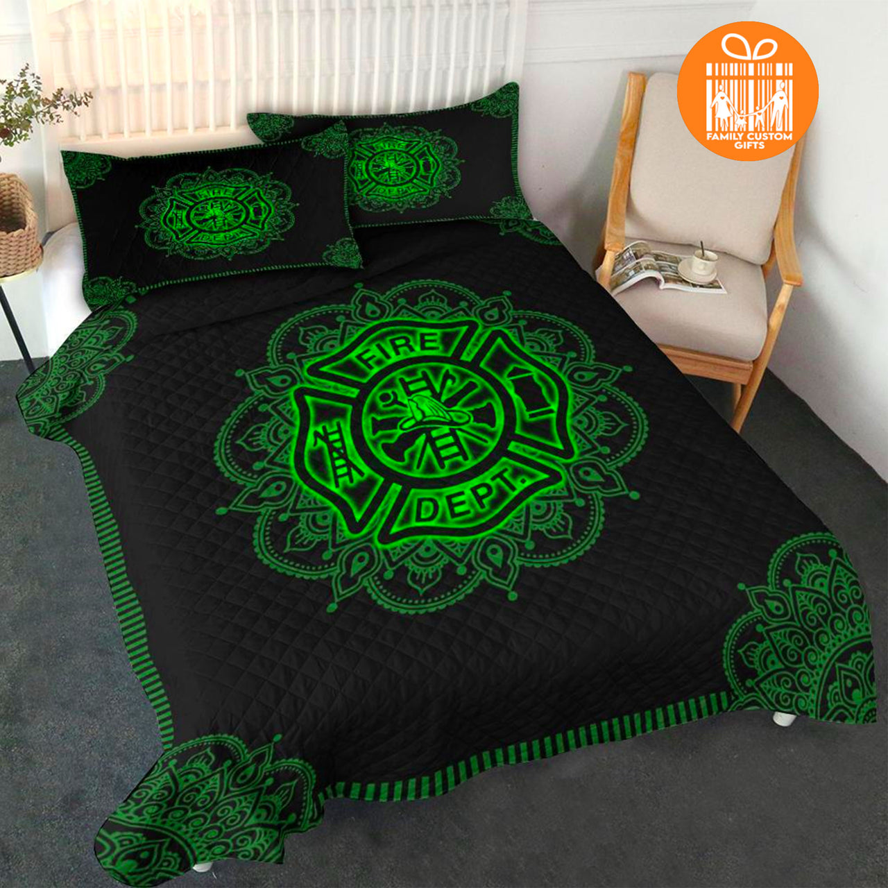 Comforter Firefighter Mandala Green Custom Bedding Set for Kids Teens Adult Personalized Premium Bed Set