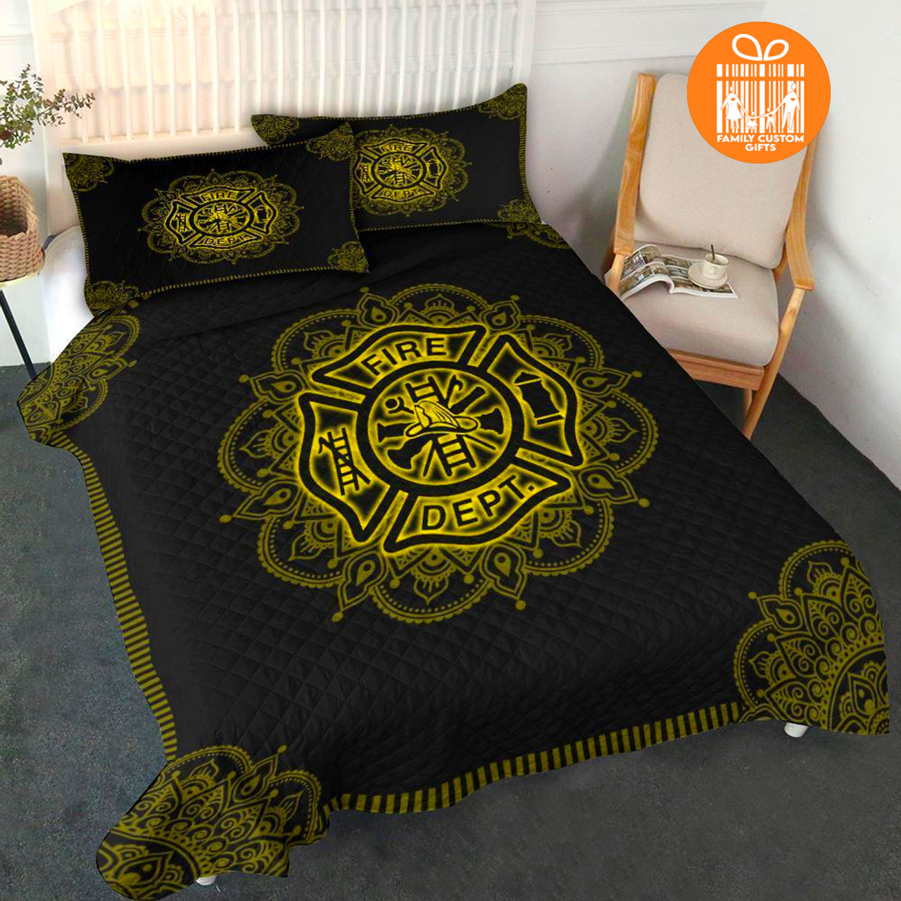 Comforter Firefighter Mandala Yellow Custom Bedding Set for Kids Teens Adult Personalized Premium Bed Set