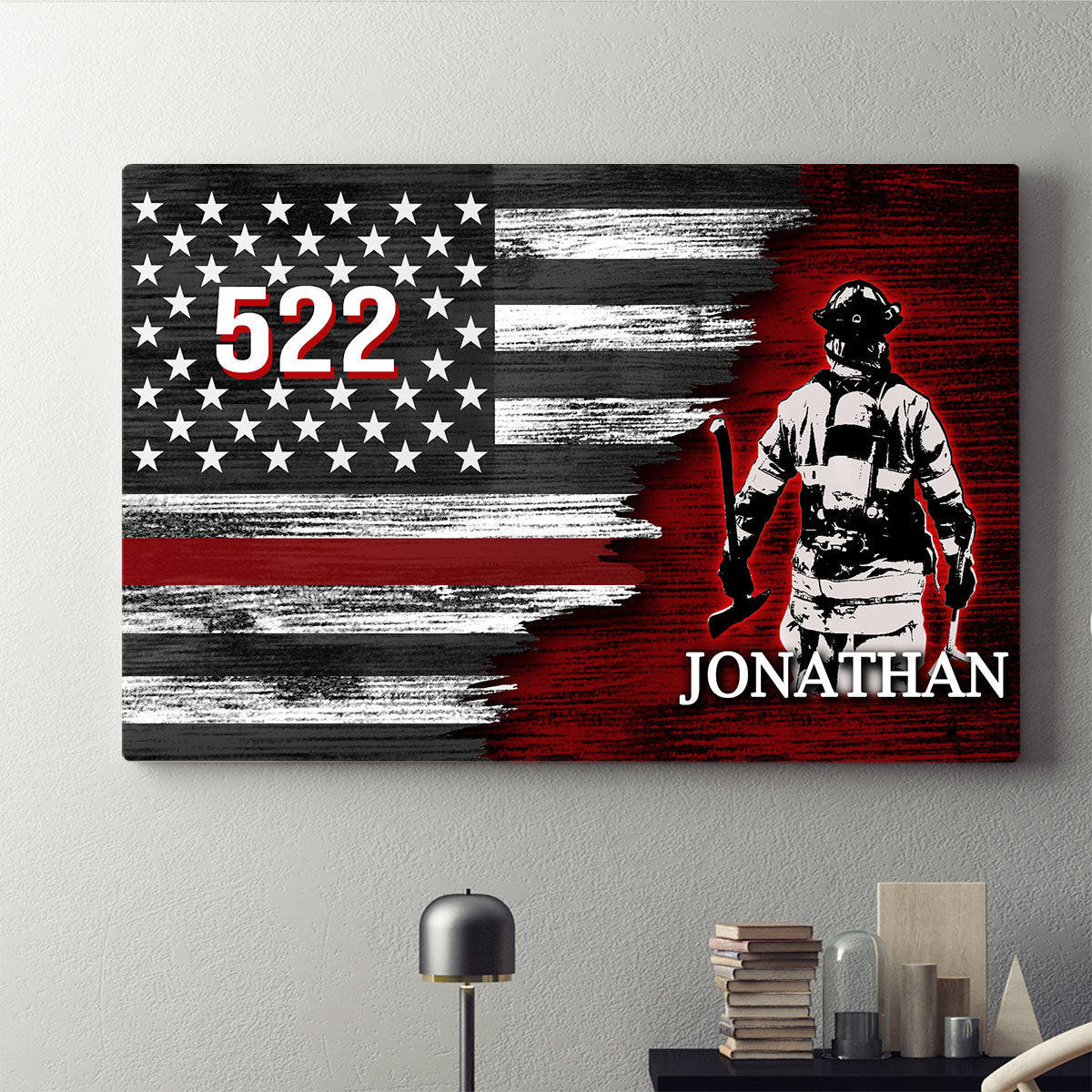 Personalized Custom Name Number Unit Volunteer Firefighter Fireman Thin Red Line American Flag Canvas