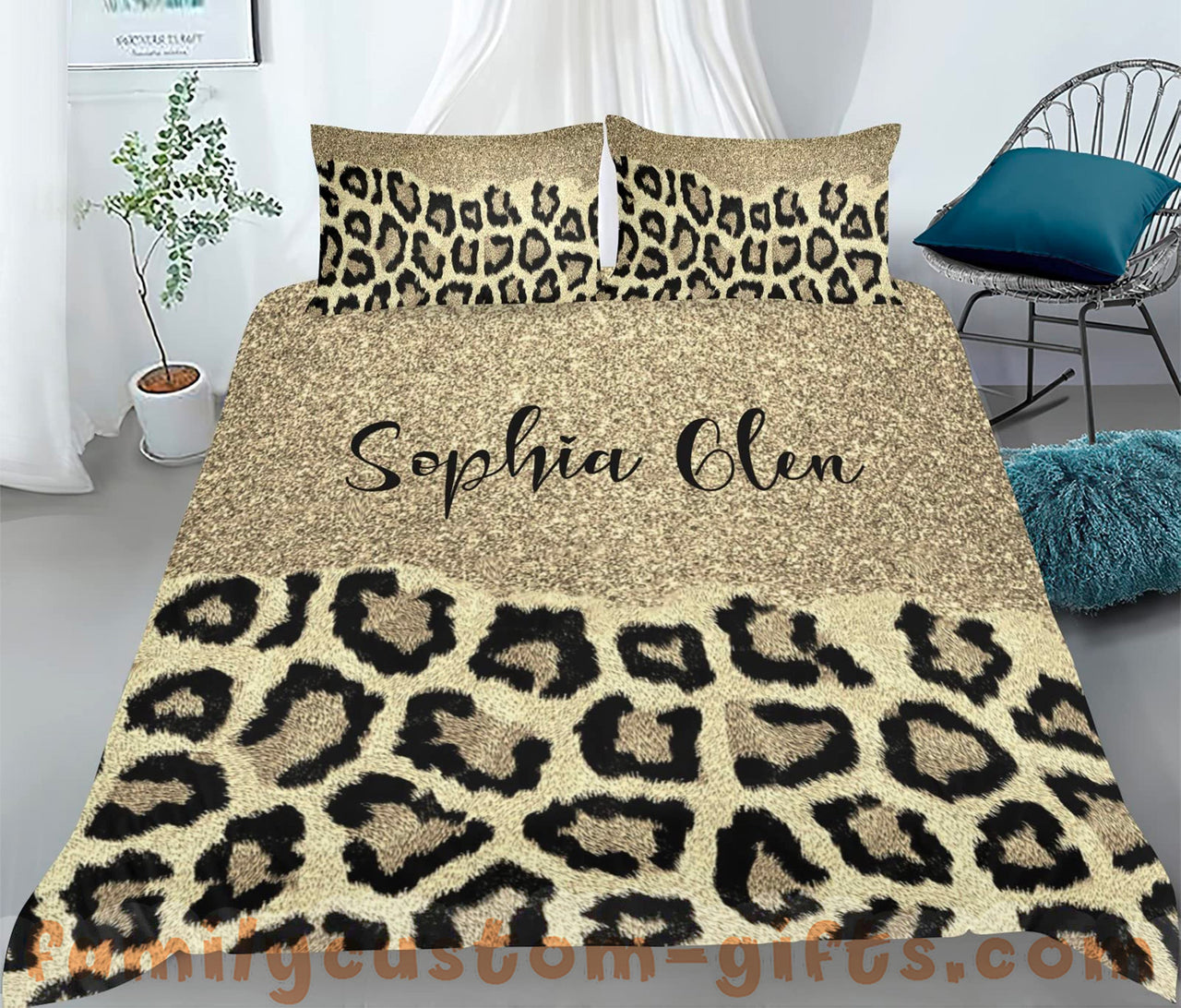 Custom Quilt Sets Glitter Gold Leopard Print Premium Quilt Bedding for Boys Girls Men Women