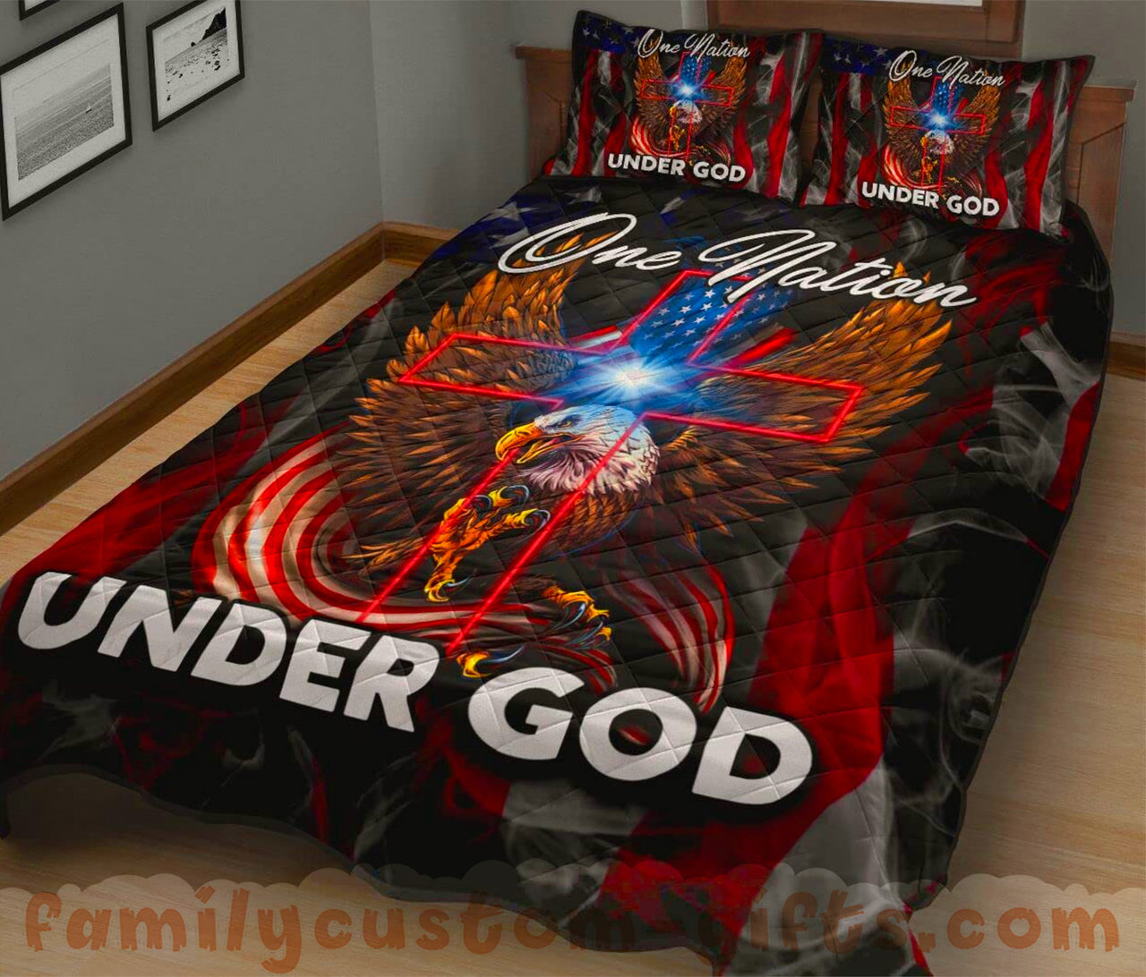 Custom Quilt Sets God Eagle Smoke American Flag Premium Quilt Bedding for Boys Girls Men Women