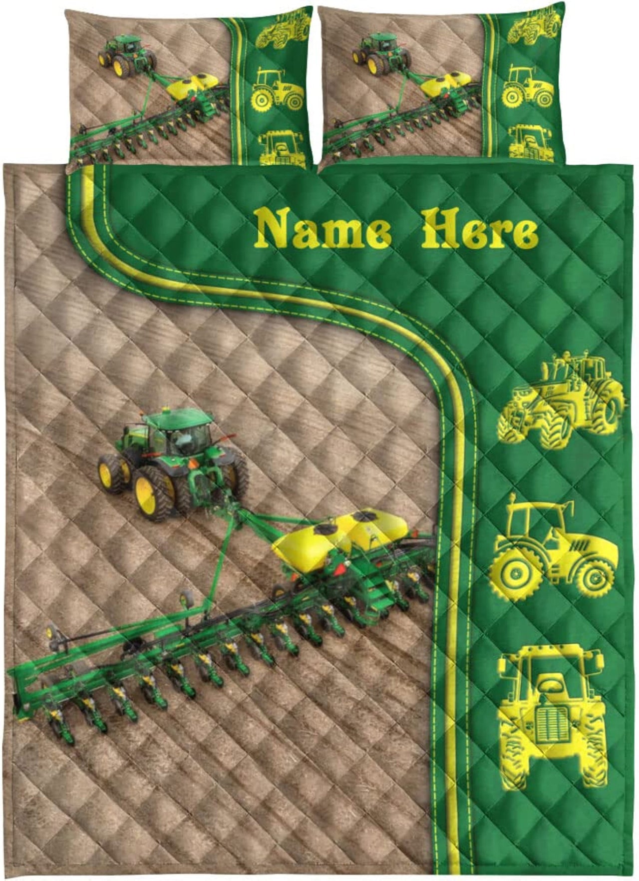 Custom Quilt Sets Green Tractor Farm Country Life Premium Quilt Bedding for Boys Girls Men Women