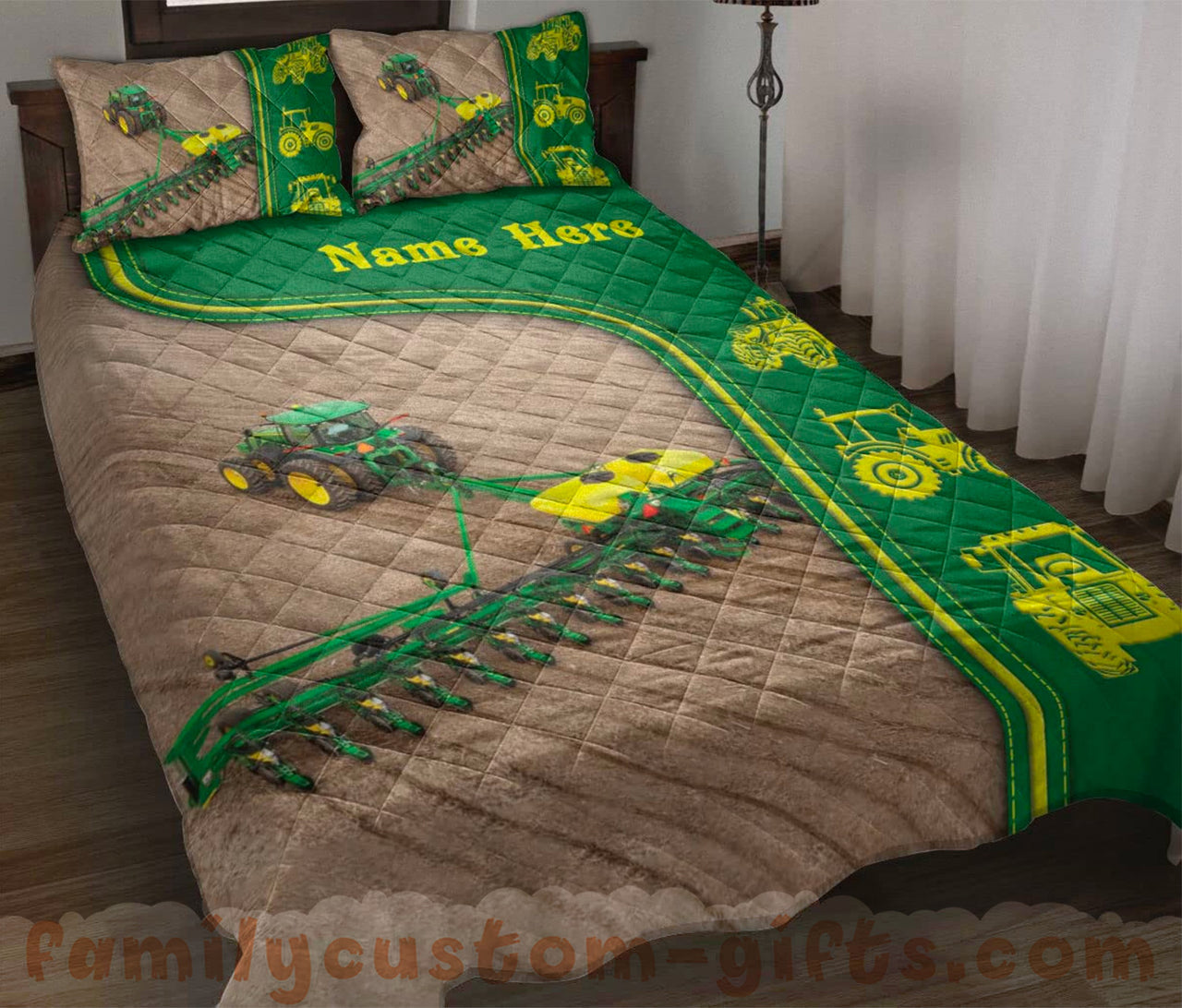 Custom Quilt Sets Green Tractor Farm Country Life Premium Quilt Bedding for Boys Girls Men Women