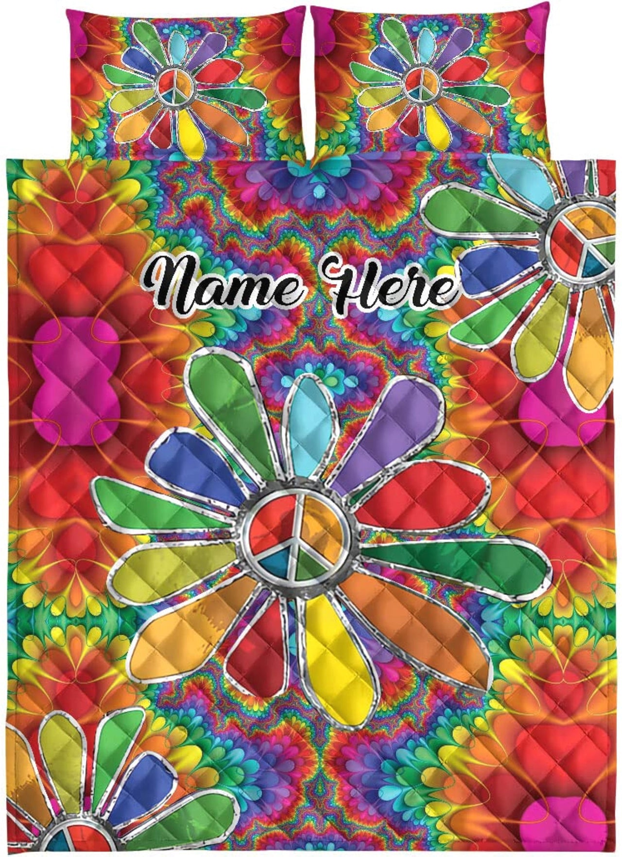Custom Quilt Sets Hippie Peace Sign Colorful Daisy Floral Boho Pattern Premium Quilt Bedding for Men Women